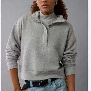 American Eagle Cropped Henley Fleece Sweatshirt Womens Large Gray Preppy Cotton